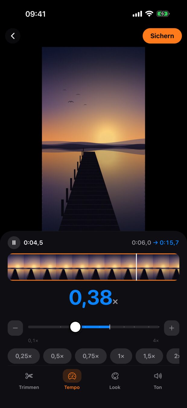 Der Videoeditor mit dem Temporegler auf 0,38× und einem Filmstreifen darüber.